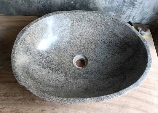 Top view of river stone sink 6309-5037 with polished light gray oval bowl and fine grain texture
