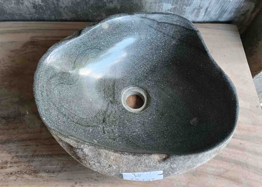 Top view of handcrafted grey 15×15 inch river stone sink with heart-shaped streaks
