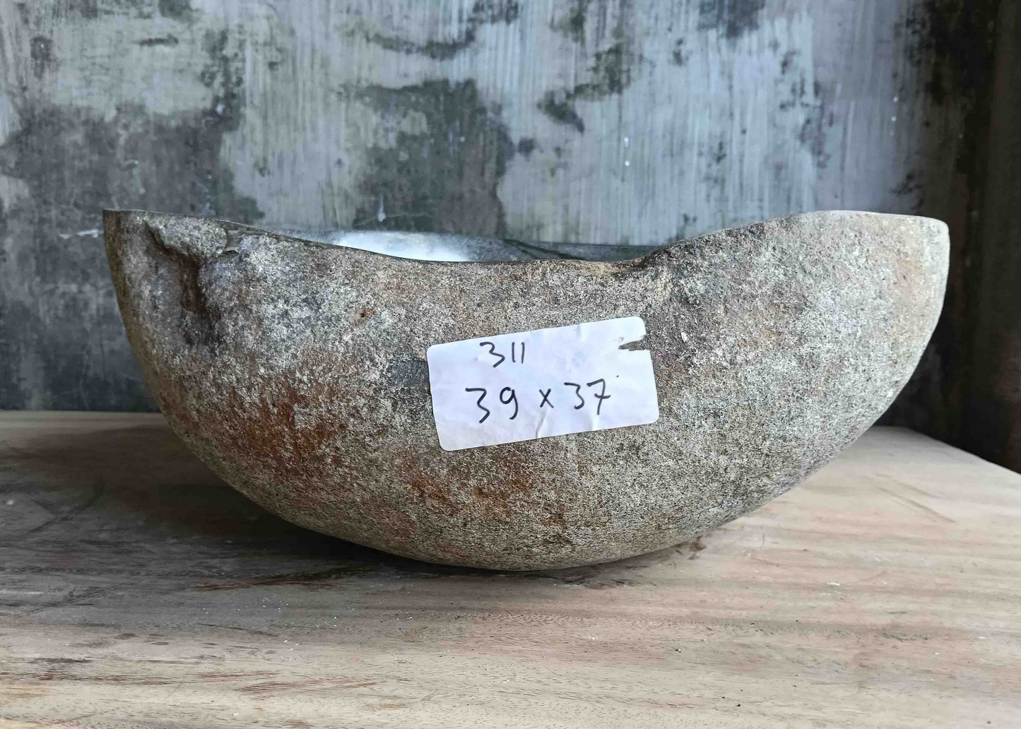 Right side view of 14×12 inch grey river stone sink showing boat-like profile
