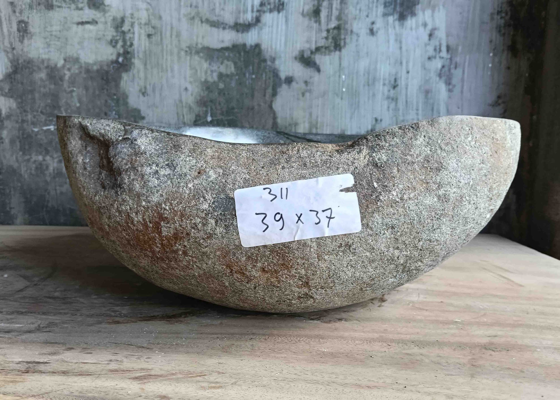 Right side view of 14×12 inch grey river stone sink showing boat-like profile
