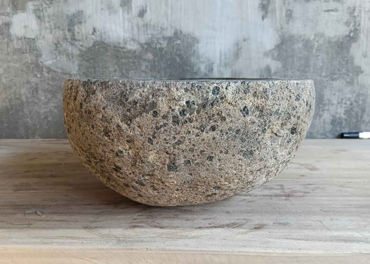 Right side view of 15×12 inch gray river stone sink in oval boat shape
