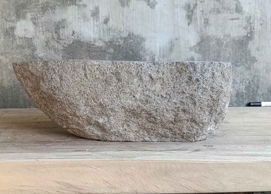 Right side view of 16×13 inch gray river stone sink in oval shape
