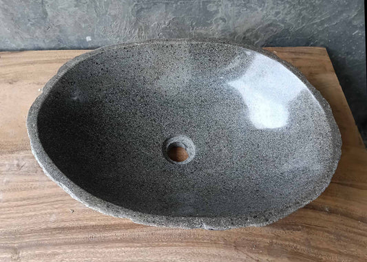 Top view of river stone sink 6345-5036 with polished dark gray oval bowl
