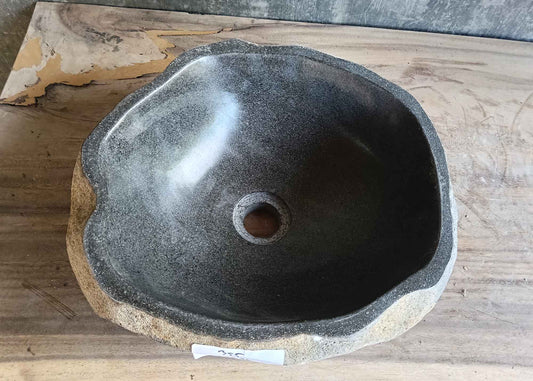 Top view of handcrafted dark gray 15×14 inch river stone sink
