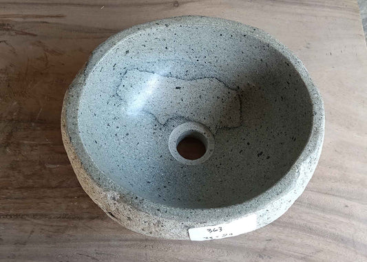Top view of handcrafted light 13×11 inch round river stone sink with interior pattern
