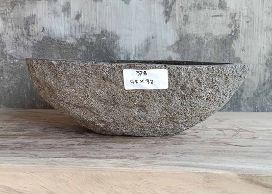 Front label view of grey oval stone sink showing size 47×37 cm
