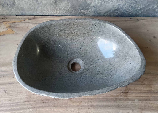 Glossy gray polished bowl river stone sink – top view
