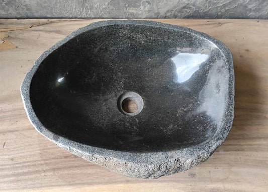 Polished deep gray river stone sink – top view
