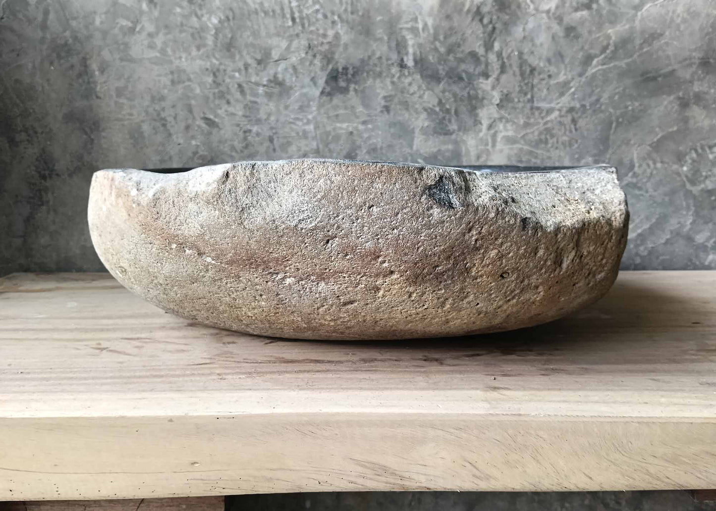 Right side view of handcrafted river rock sink with curved rim – 6398-5247
