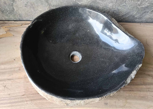 Organic handcrafted river stone sink with polished black interior – top view – 6398-5247
