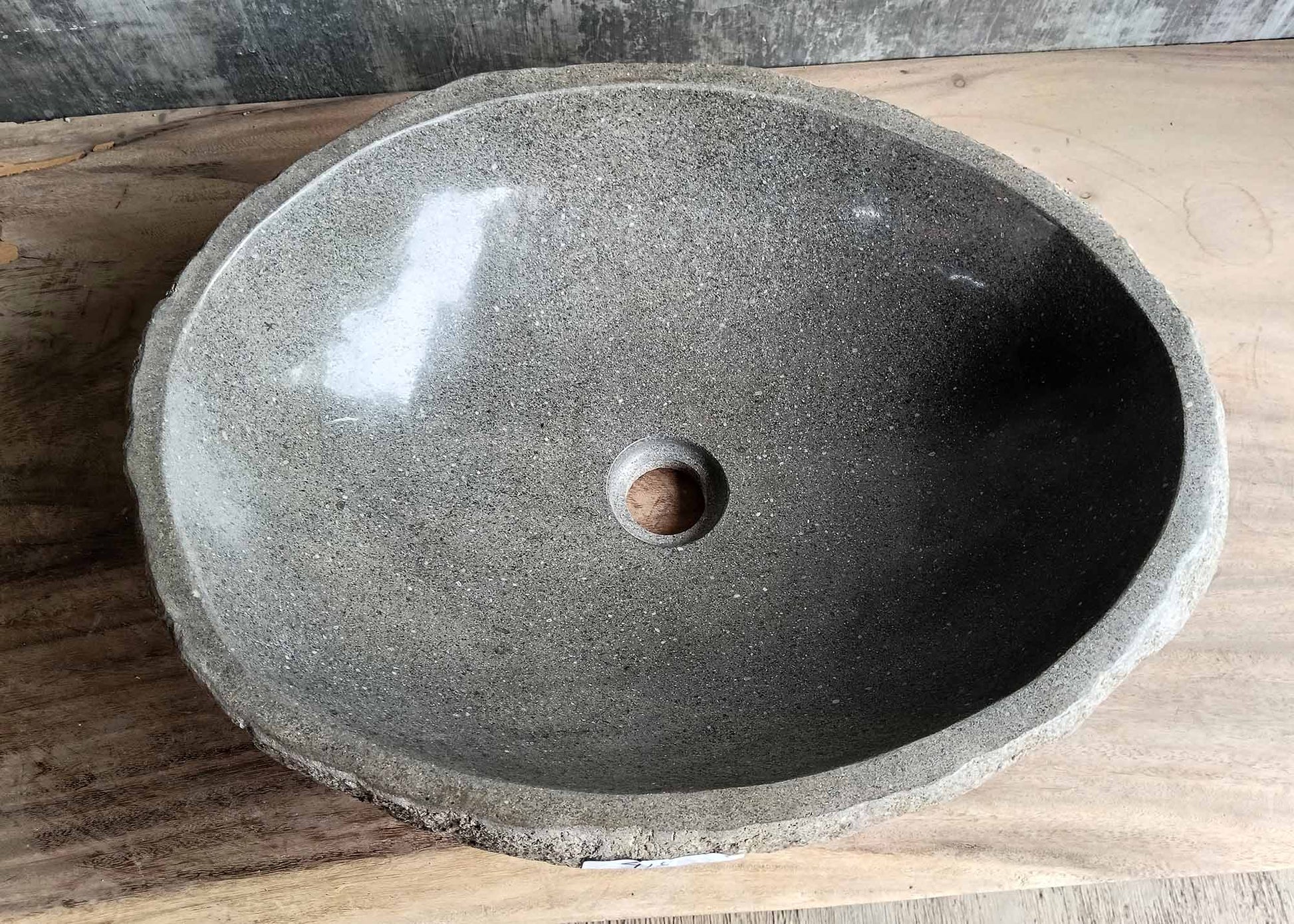 Handcrafted oval gray river stone sink – top view – 6418-5240
