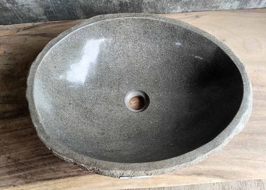 Handcrafted oval gray river stone sink – top view – 6418-5240
