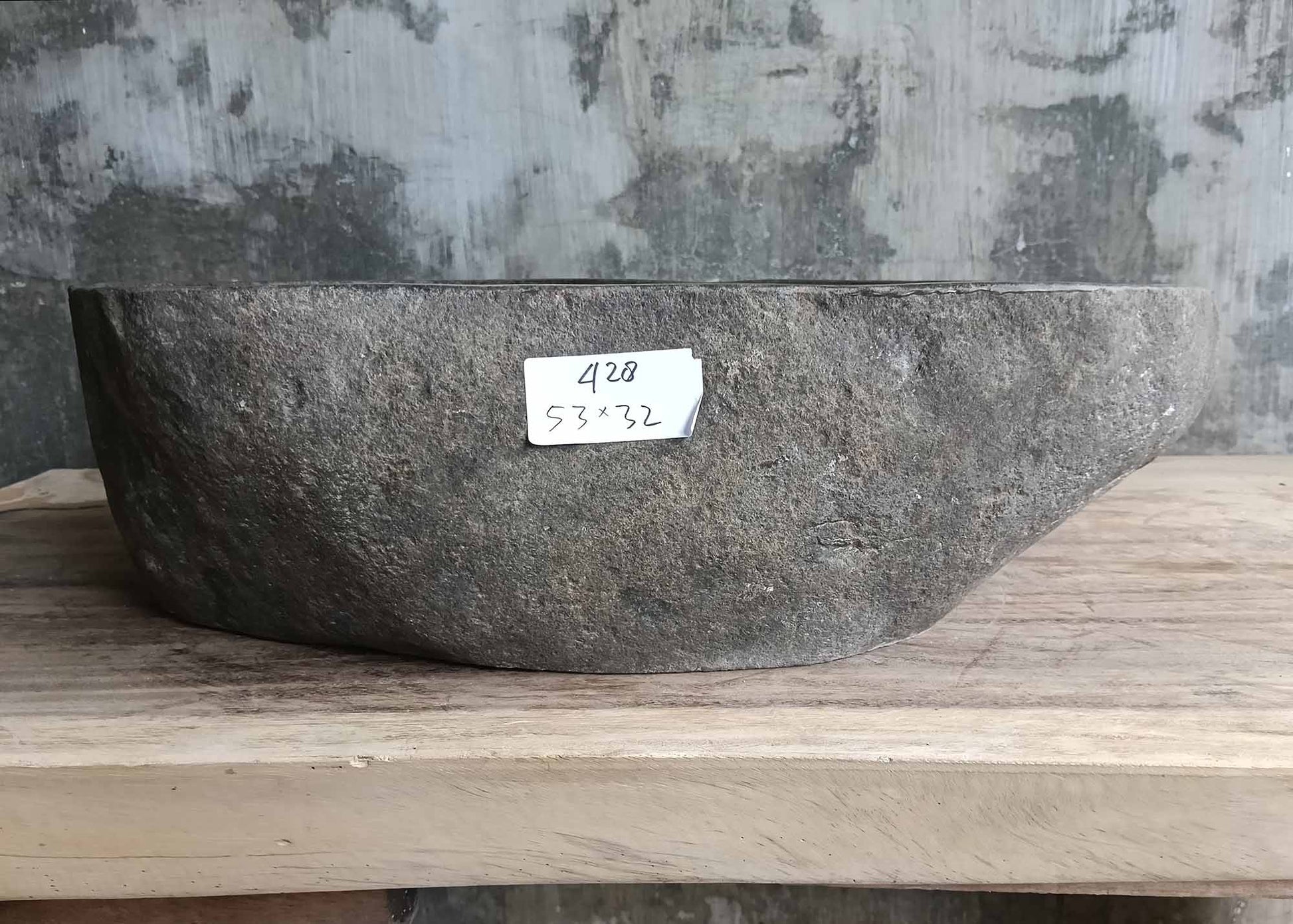 Front of natural river rock sink with dark green polished bowl – 6428-5332
