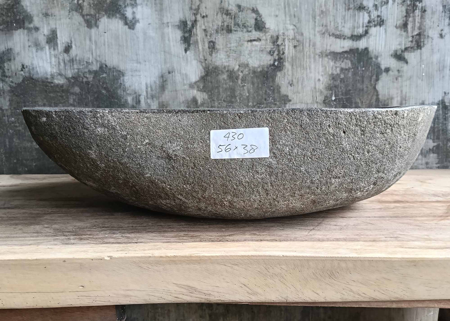 Front of handcrafted river stone sink with raw textured shell – 6430-5638
