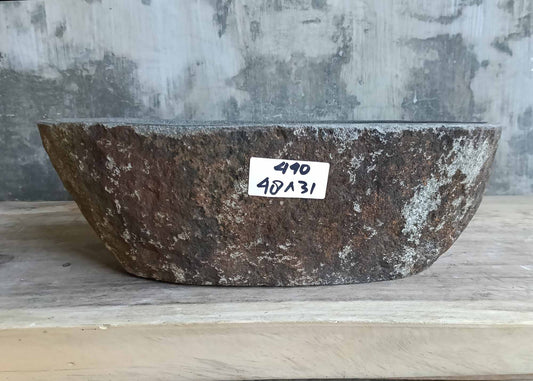 Front of handcrafted gray stone sink 6440-1912 with sleek elongated form
