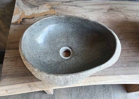 Top view of light gray river stone sink 6465-4433 with polished oval basin
