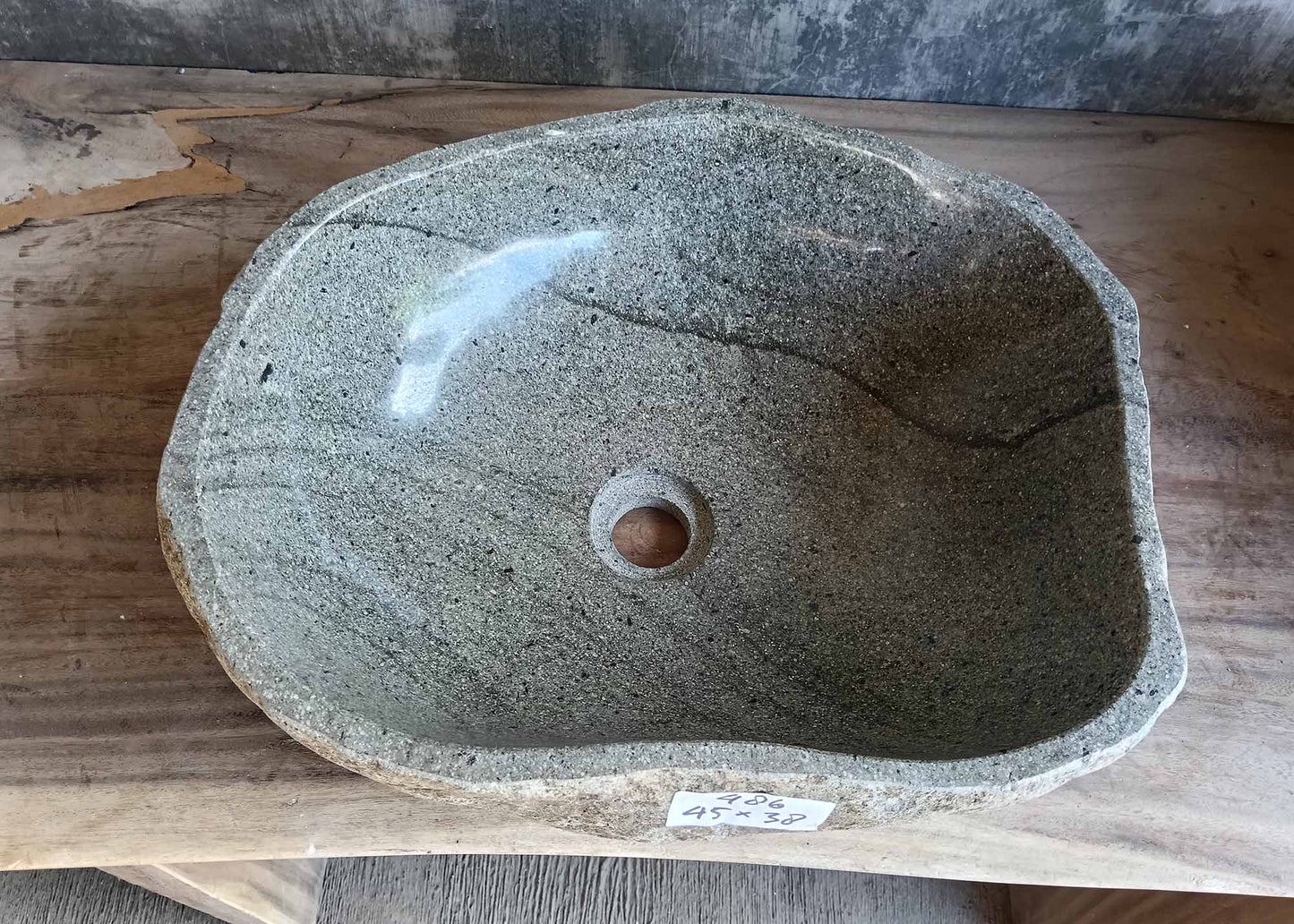 Top view of river stone sink 6486-4538 with light gray basin and natural veining
