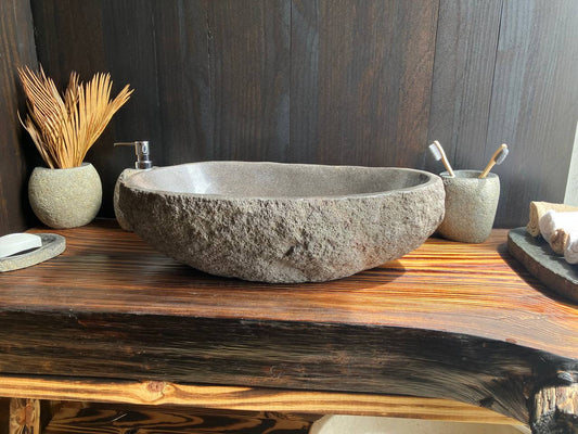 Gray-brown natural river stone vessel sink RSS-001, front angled view