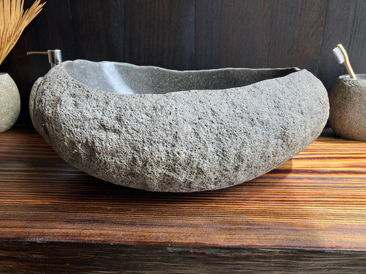 Front angled view of graphite-gray river stone vessel sink RSS-002