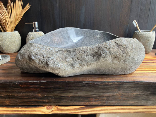 Front angled view of natural gray river stone vessel sink RSS-003