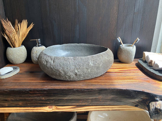 Premium natural gray river stone vessel sink RSS-004 in a bathroom vanity setting