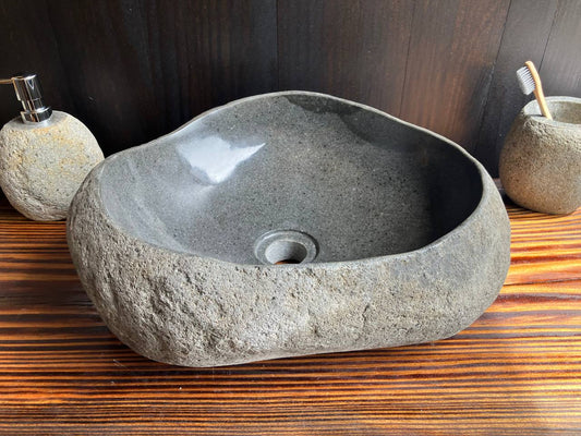 Front angled view of graphite-gray river stone vessel sink RSS-006
