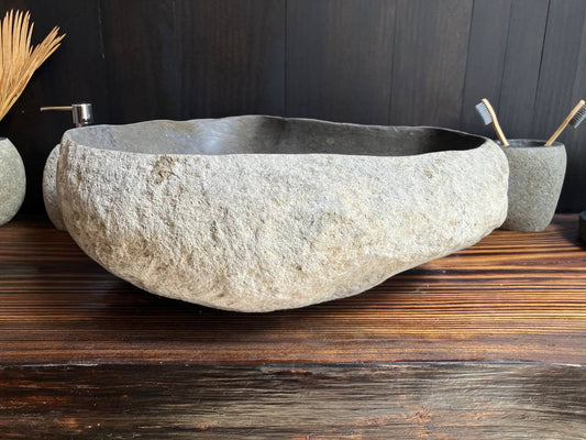 Front angled view of gray river stone vessel sink RSS-007