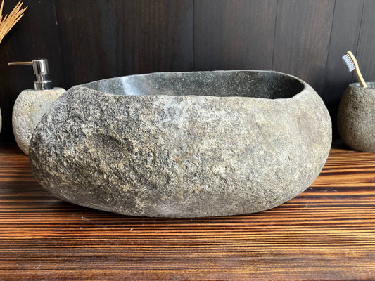 Premium graphite river stone vessel sink RSS-008 in a bathroom vanity setting
