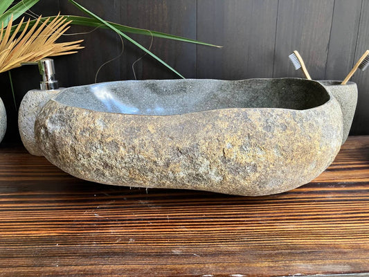 Front angled view of rust-brown and graphite river stone sink RSS-012