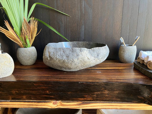 Exclusive galaxy-pattern river stone vessel sink RSS-016 in a bathroom setting
