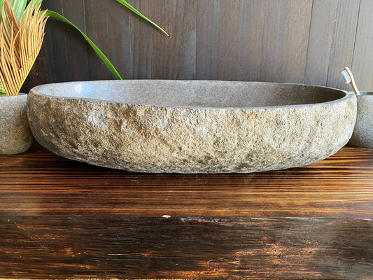 Front angled view of large natural river stone sink RSS-020