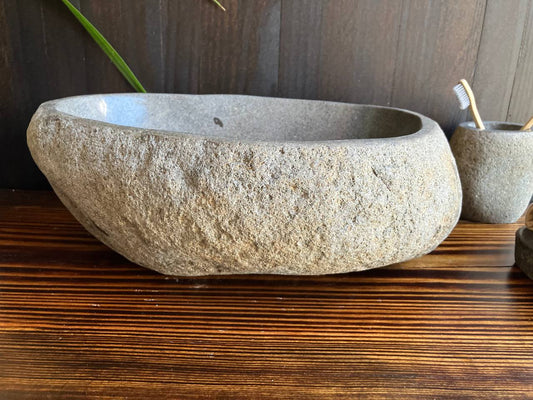 Front angled view of light-gray river stone sink RSS-021