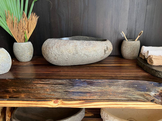 Light gray natural river stone vessel sink RSS-024