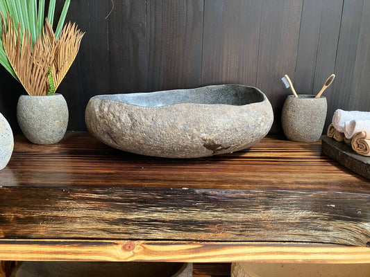 Brown-gray natural river stone vessel sink RSS-025