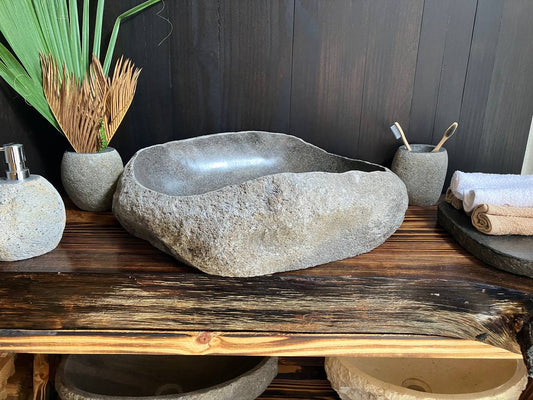 Large gray natural river stone vessel sink RSS-026