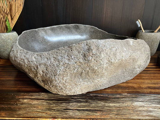 Front view of irregular gray river stone sink RSS-026