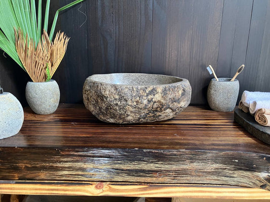 Small beige natural river stone vessel sink RSS-027