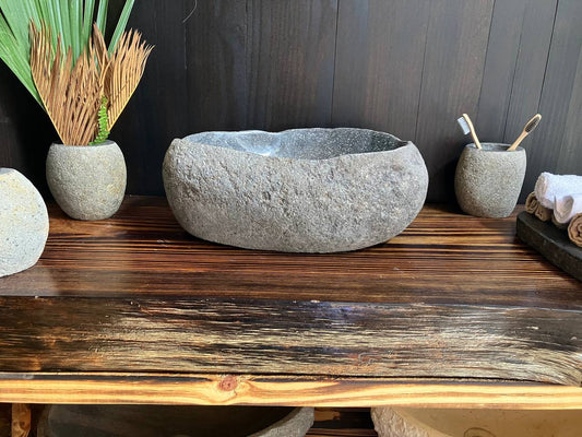 Premium gray natural river stone vessel sink RSS-028