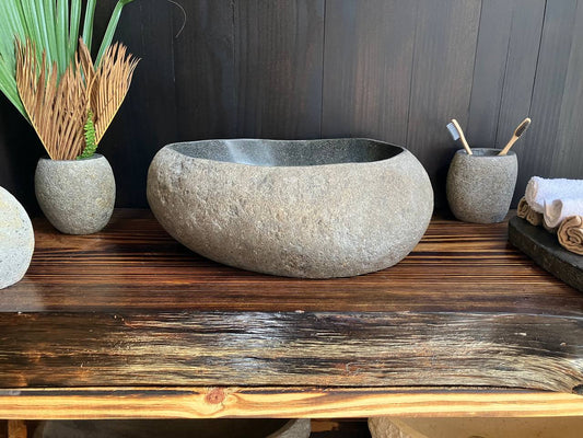 Light gray-brown natural river stone vessel sink RSS-029