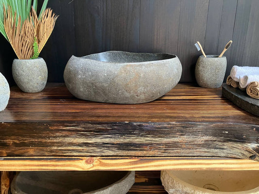 Gray natural river stone vessel sink RSS-031