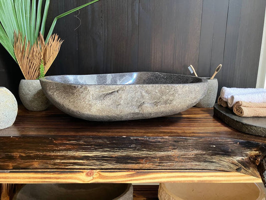 Large premium gray natural river stone vessel sink RSS-032
