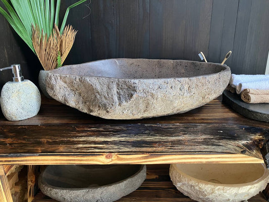 Large gray-brown natural river stone vessel sink RSS-033