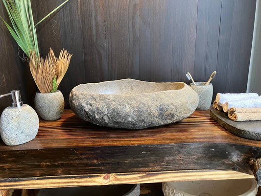 Light brown-beige natural river stone vessel sink RSS-034