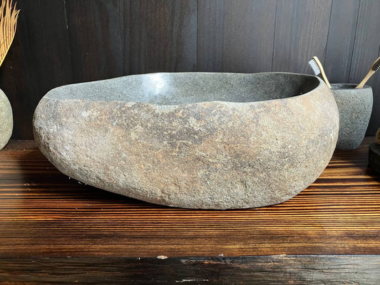 Front view of irregular brown-gray river stone sink RSS-035