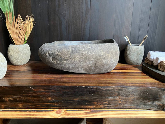 Premium dark-gray natural river stone vessel sink RSS-036