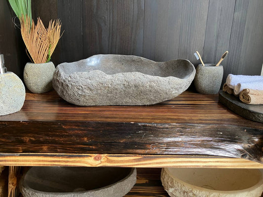 Premium gray river stone sink with matte-black interior RSS-037