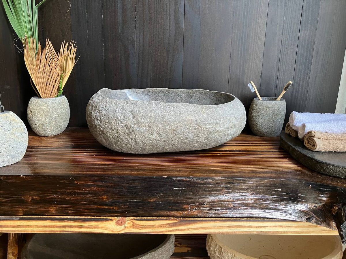 Premium dark-gray natural river stone vessel sink RSS-038