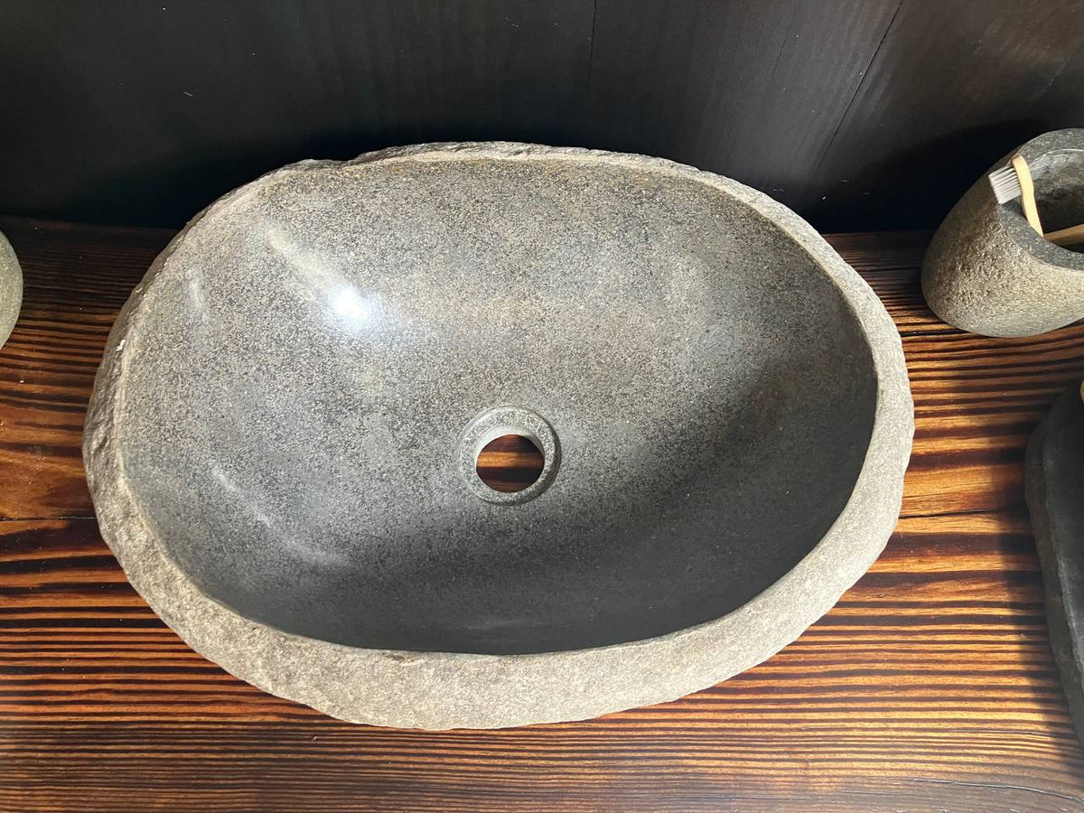 Top view of graphite basin with white mineral flecks RSS-038