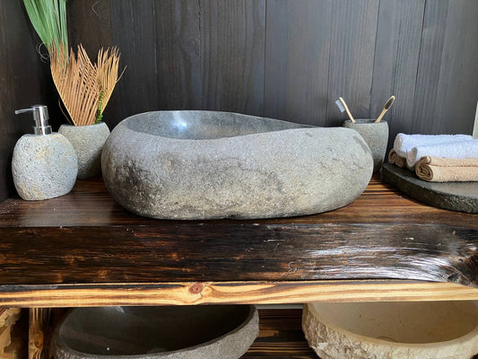 Premium light-gray natural river stone vessel sink RSS-039