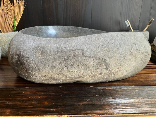 Front view of substantial gray river stone sink RSS-039